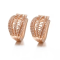 Macro view of rose gold plated hoop earrings with micro-set cubic zirconia stones - 36-Rose Gold Hollow Lattice Huggie / Rose Gold