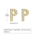 Golden letter P stud earring with AAA cubic zirconia in copper base and IP plating - Letter P