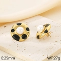 Pendientes vintage dorados con esmalte negro y perla blanca, diámetro 25 mm, retro - Estilo Redondo Dorado (KE115789-GC)
