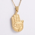 Detail of 18K gold stainless steel Hand of Fatima pendant with evil eye engraving - Gold (with 450x1.5mm chain)