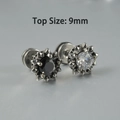Punk sunflower 9mm stud earrings with black and white zircon in silver finish - NO 8