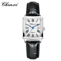Reloj de cuarzo cuadrado CHENXI con correa de cuero negro y esfera blanca con números romanos - Blanco Mujer - Estilo Artístico