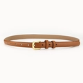 Minimalist caramel brown leather skinny belt for women with a round gold metal buckle - Camel