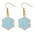 Close-up of golden Christmas earrings featuring light blue enamel snowflake charms - Blue Snowflake