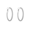Macro detail of silver stainless steel spiral texture hoop earrings with pin closure - Silver 30mm