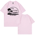 Pink retired short sleeve T-shirt with palm tree print and 5 o'clock everywhere slogan - S / Pink