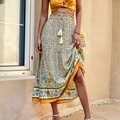 Summer casual floral maxi skirt with elastic drawstring waist in blue, green, and yellow - S / Apricot