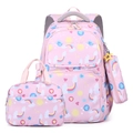 Pink printed three-piece student backpack set with matching tote and pencil case for girls - Pink 3-Piece Set