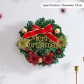 32cm Christmas pine needle wreath with red bow, gold flowers and Merry Christmas sign - Four Flowers Style