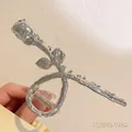 Silver metal rose flower hair claw clip with thorn stem design measuring 11cm - 4# Silver Tassel Cross