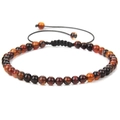 Adjustable 4mm beaded bracelet with natural red tiger eye stones and black woven cord - Coffee Banded Agate