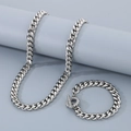 Silver Cuban link necklace and bracelet set with iced-out heart T-bar closure - Round Polished Cuban Chain (10mm) / Bracelet 21cm / Steel