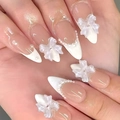 Macro view of almond French nails with 3D white bows and pearl bead decorations - Jelly Glue + Stick + File + Alcohol Pad / DZ2077-MC Pearl Butterfly Dream