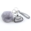 Fashionable grey PU leather mini bag keychain with plush pom pom and wristlet strap set - Gray