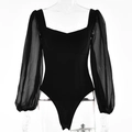 Sexy black square neck bodysuit with mesh lantern sleeves and fitted silhouette - S / Black