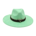 Mint green wide brim fedora hat with colorful woven band and bull head charm. - Colorful Bull Head Ornament / Mint Green