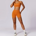 Completo sportivo arancione con pantaloncini a vita alta e reggiseno sportivo fitness - Arancione Earl-Completo pantaloncini