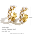 Pendientes de clip en acero chapado en oro de 18K con perlas y detalles de medidas - Aros de Oreja con Incrustaciones de Circonita y Perla Hueca - Clip de Oreja
