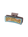 Brown hair claw clip with a blue rectangular sunflower pattern in western retro style - Brown Sunflower Vintage Blue Frame (90064)