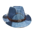 Vintage patchwork denim fedora voor kinderen met lederen klinknagelband en metalen badge - Kindermaat / Lichtblauw