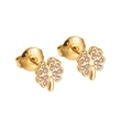 Close-up of gold stainless steel four-leaf clover stud earrings with white zircon stones - Clover-B
