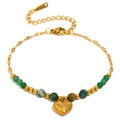 Bracciale in acciaio inossidabile placcato oro 18K con perline verdi e cuore - Bracciale a Catena con Labbra e Cuore / Oro Verde