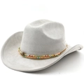 Detailed close-up of bohemian colorful beaded band on a beige suede western cowboy hat - M(56-58cm) / Light Gray