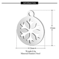 Stainless steel round snowflake charm information sheet with 14mm size specifications - Snowflake Round