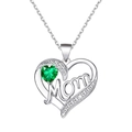 Macro detail of silver heart necklace with green stone and Mom engraving for Mother's Day - Silver Green Style (5746)