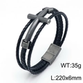 Bracciale multistrato da uomo in pelle nera intrecciata con croce d'argento e chiusura magnetica - Nero Opaco (KB150796-KFC)