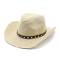 Detail of beige straw cowboy hat featuring black faux leather band with silver metal rivets - M (56-58cm) / Beige