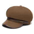 Brown octagonal newsboy hat in textured wool with dark brown leather trim and gold tag - Adjustable / Coffee