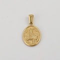 Macro view of gold religious pendant with Virgin Mary embossed scene and polished bail - Gold-Oval Virgin Mary