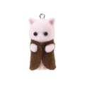 Detailed view of pink flocked resin cat charm with brown vest and metal attachment loop - Dark Coffee