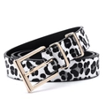 Women's leopard pony hair belt with gold buckle and black and white animal print pattern - White