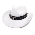 White felt cowboy hat with bull head metal ornament and studded leather band decor - M (56-58cm) / White