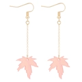 Pink glittery maple leaf earrings with long gold metal chain and hooks on white background - Chain Pink Maple Leaf