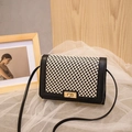 Elegant black and white woven pattern crossbody square bag with gold clasp for women - Black