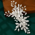Silver bridal hair comb with pearls and rhinestones in a leaf and flower branch design - Silver Crystal Flower Branch Hair Comb (HS-J6505S)