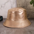 Glossy golden metallic PU leather bucket hat with fine textured finish for women - M (56-58cm) / Rose Gold Laser Stripe