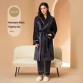 Deep grey coral fleece pajama set for couples featuring robe and matching trousers - M / Hurricane Black Female Set