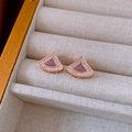 Detail of rose gold fan shaped earrings with purple stone and pave diamonds - Purple Fan-shaped Style