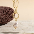 Golden paperclip chain necklace with a natural baroque pearl pendant and OT clasp - Paperclip Chain OT Buckle Style