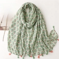 Light green cotton linen floral scarf with pink tassels and a sweet floral print - Light Green Base Pink & Green Ditsy Floral (SL2301-011-Green)