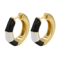 Gold huggie earrings with black and white enamel stripe pattern on white background - Black No Rhinestones