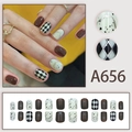 Short brown press-on nails set with checkered patterns and artistic golden line details - Glue Type / Brown Checkerboard Wavy Pattern (A656)