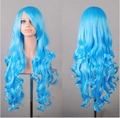 Detailed front and back view of 80cm long wavy blue cosplay wig on a mannequin head - Sky Blue