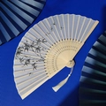 Bamboo folding fan with ink bamboo and dragonfly painting and elegant white tassel - Beige Bamboo Dragonfly