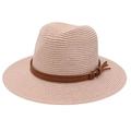 Close-up of pink Fedora straw hat with dark brown faux leather band and gold buckle details - Flesh Pink