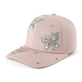 Detail der rosa Baseballkappe mit aufwendigem Strass-Schmetterling-Design und Stickerei - Khaki